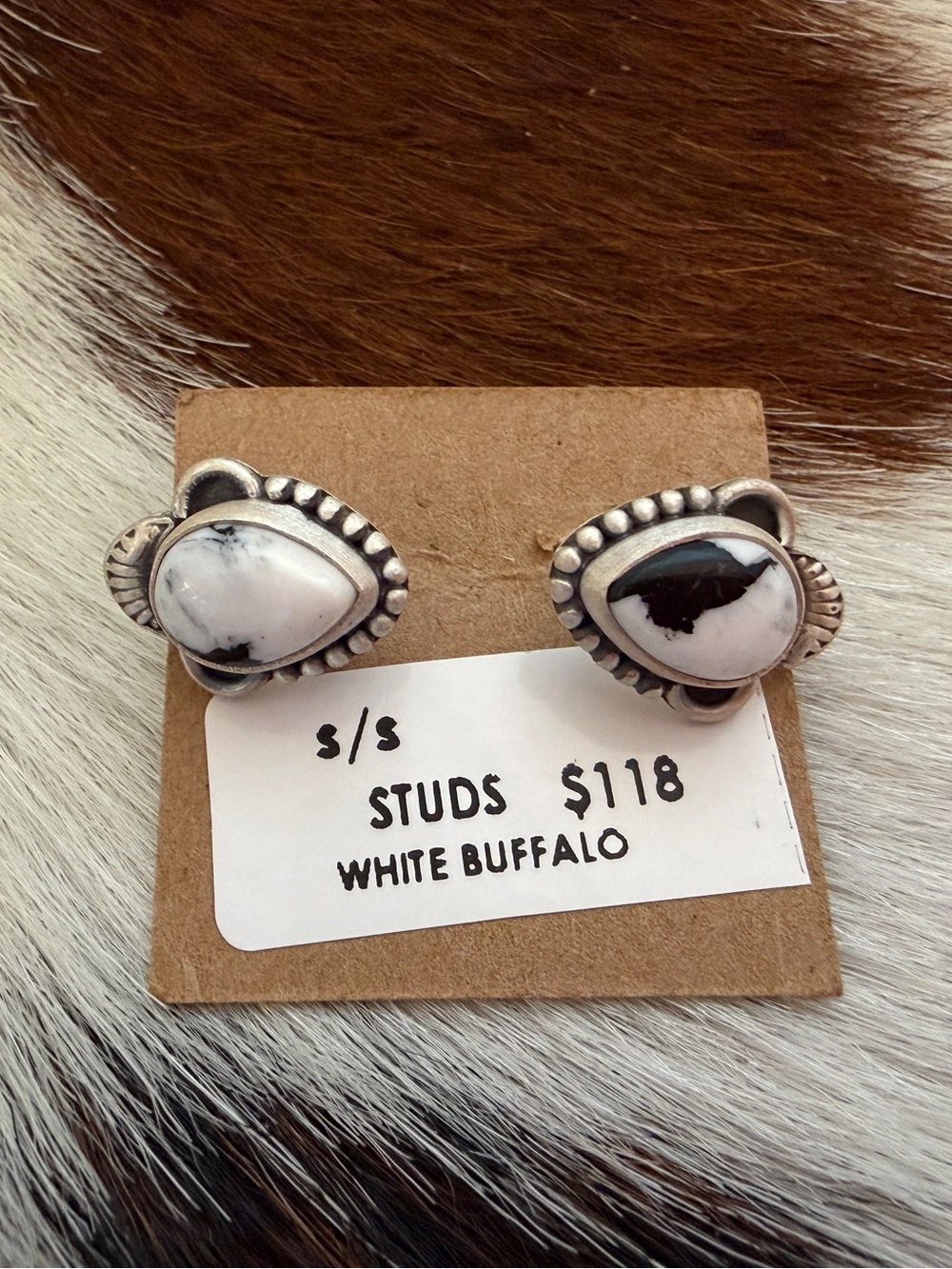 ❤️White Buffalo Stud Teardrop Earrings Matte Brushed Sterling Navajo Style .58”L - Picture 4 of 15